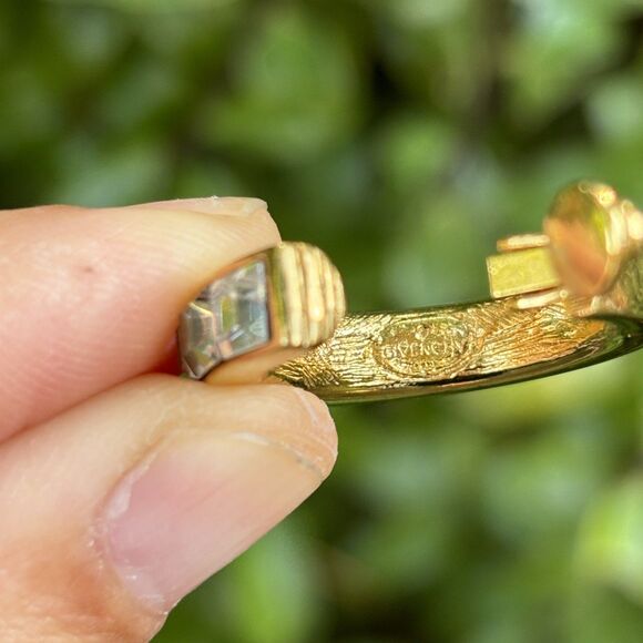 Givenchy Vintage Crystal Earrings Gold Clear Square Crystals Hoop Signed 1980s - Picture 8 of 9